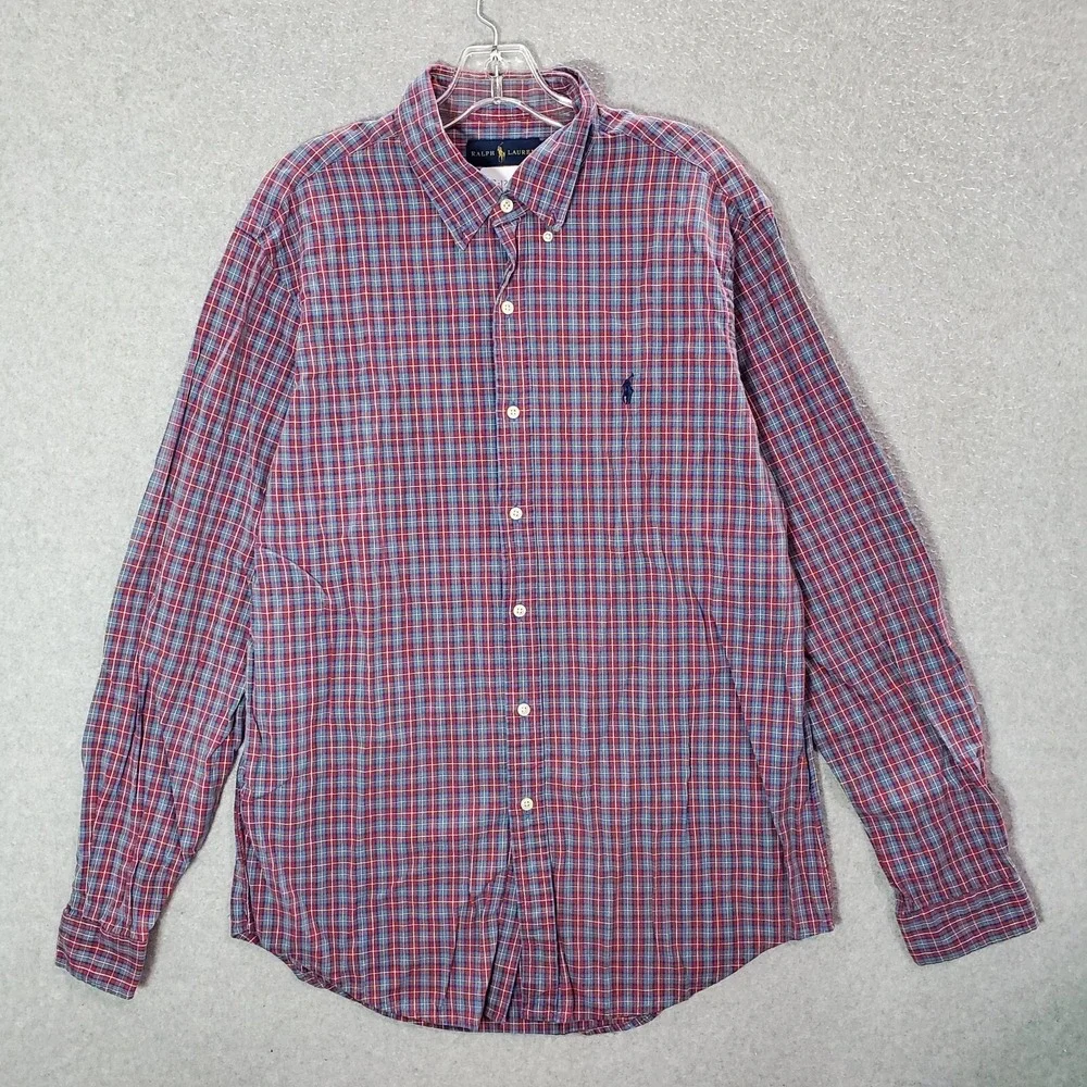 Ralph Lauren Men Button Up Shirt Large Red Plaid Logo Long Sleeve Collar READ